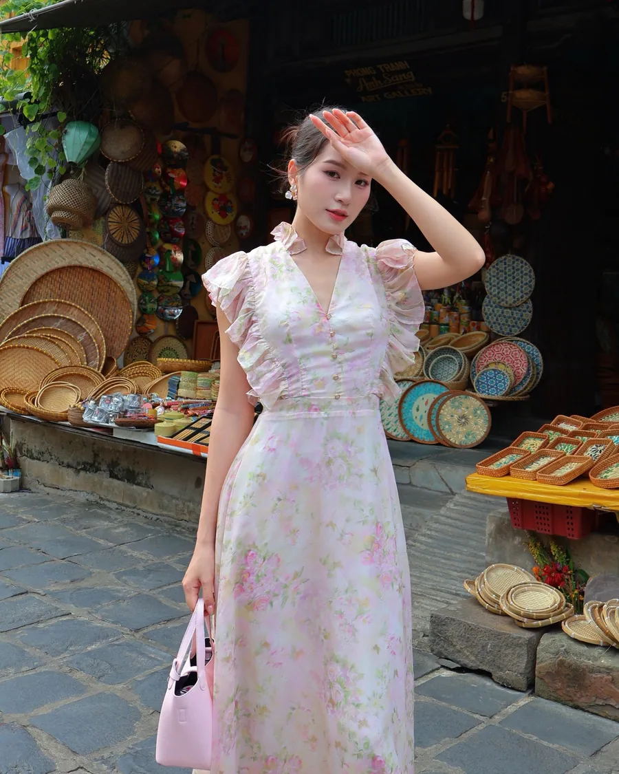 Đầm tơ hoa cánh tiên màu Hồng hoa — ảnh 5