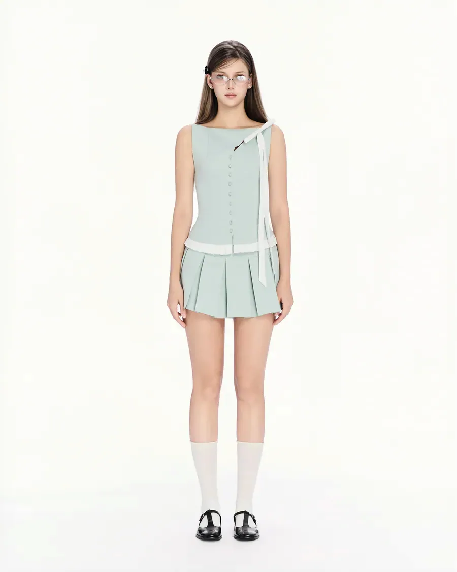 Waistcoat & Pleated Skirt Set in Mint