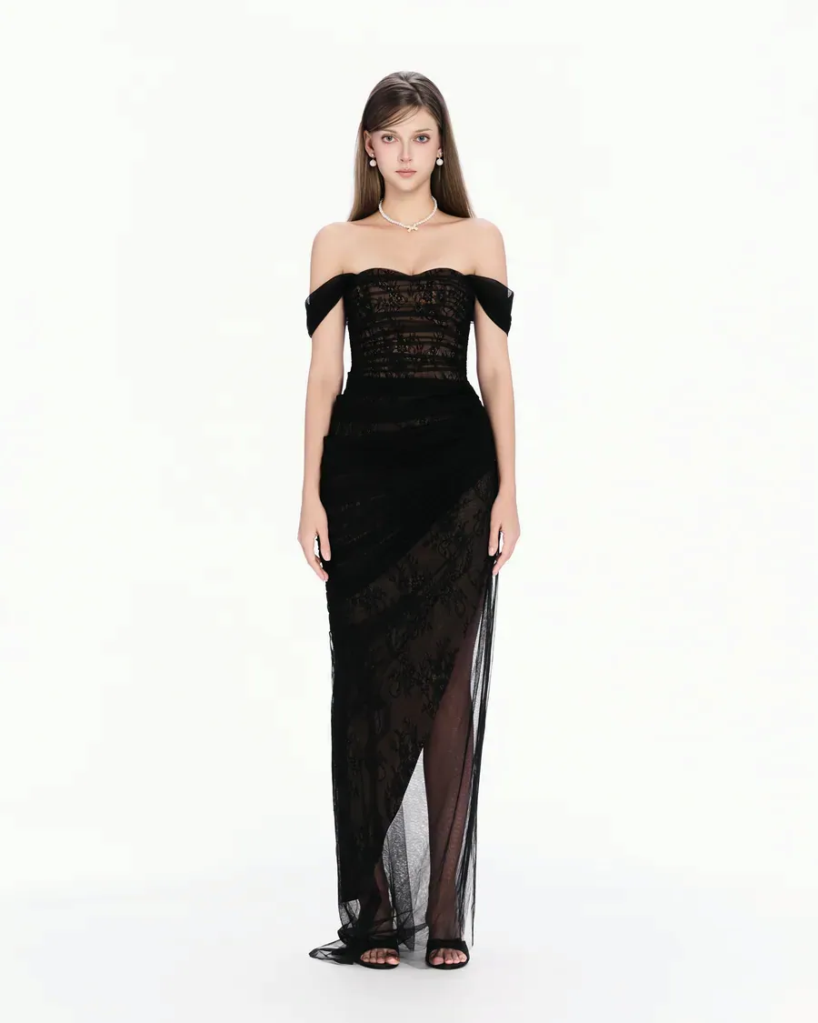 Black Lace High-Slit Gown in Black