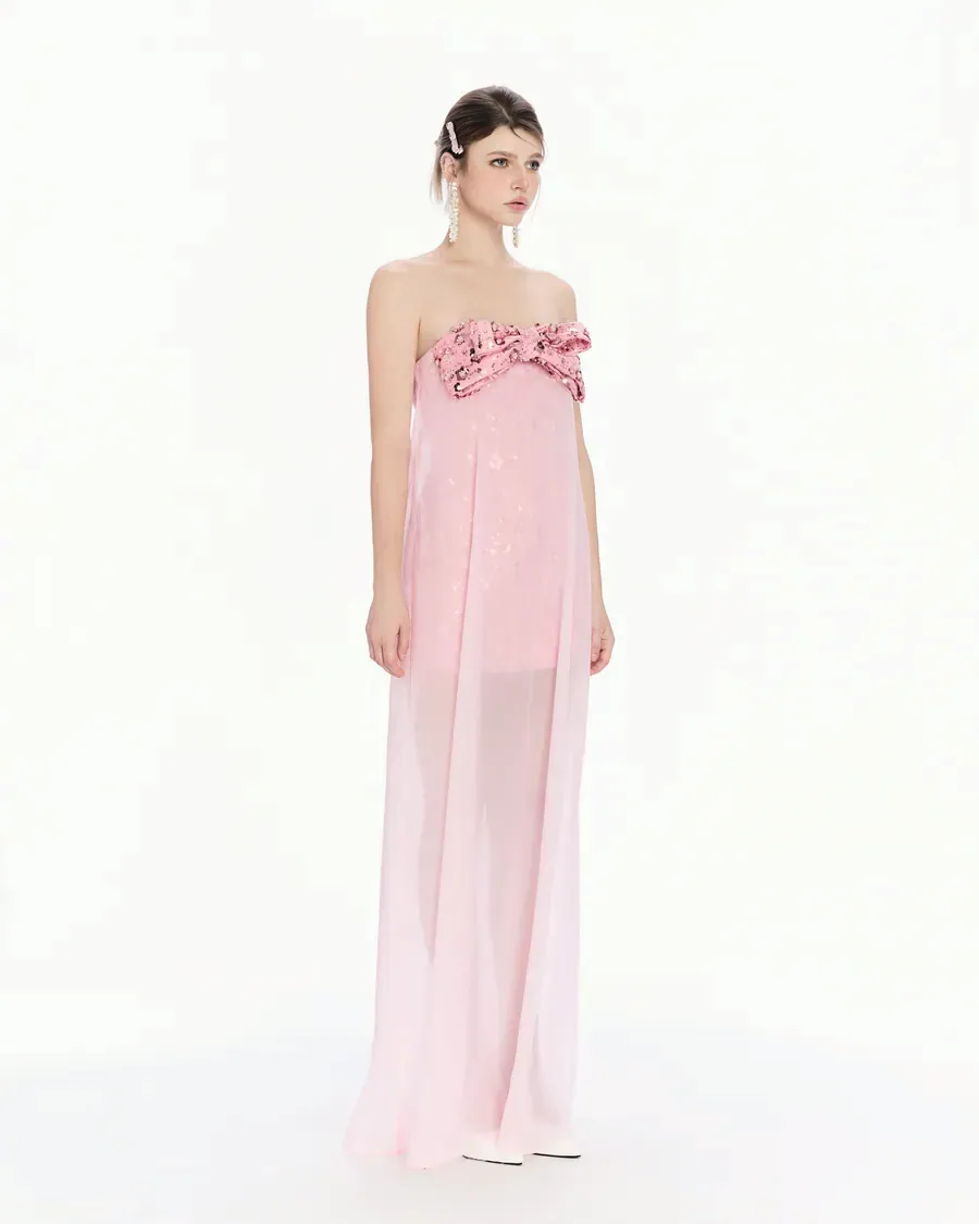 Sequin Bow Evening Gown in Pink