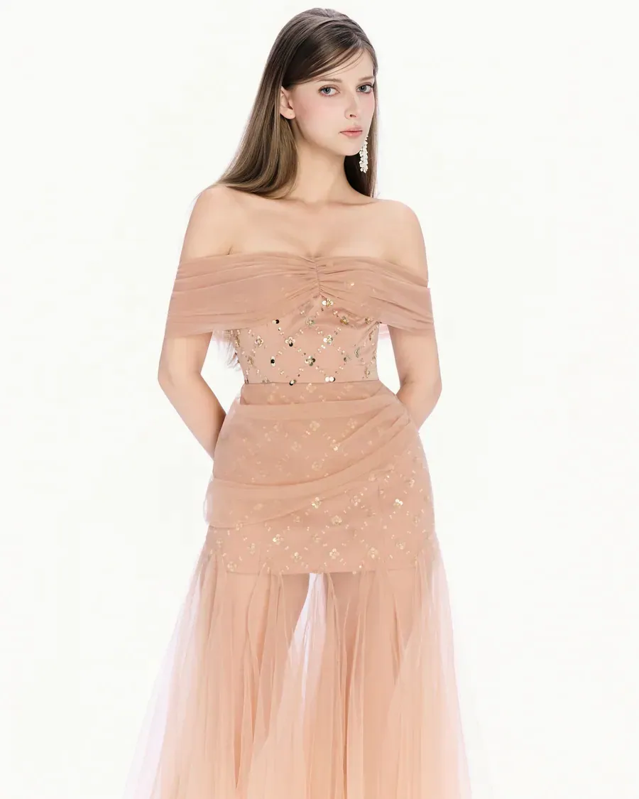 Nude Beaded Off-Shoulder Gown in Nude