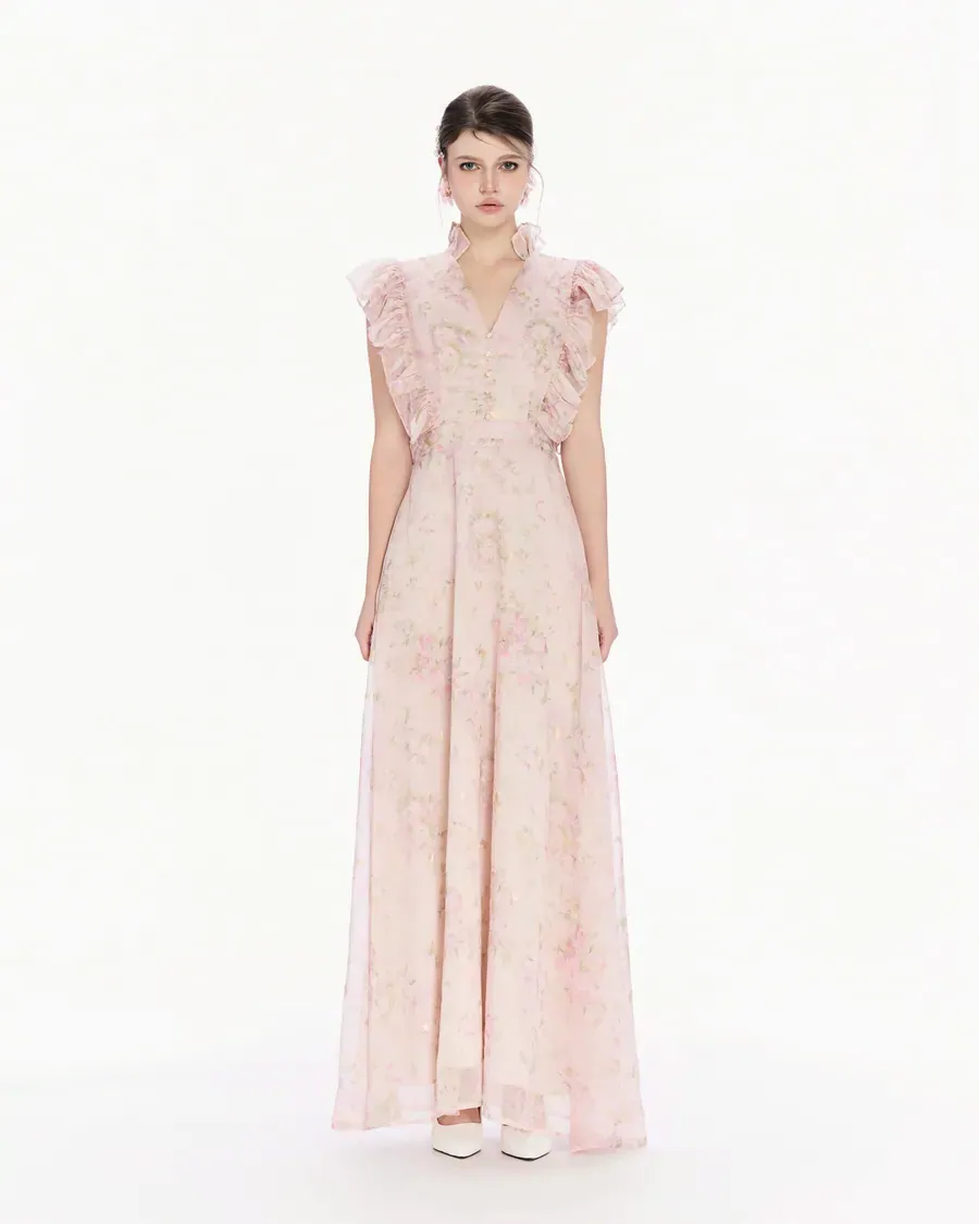 Blush Beaded Tulle Gown in Blush pink