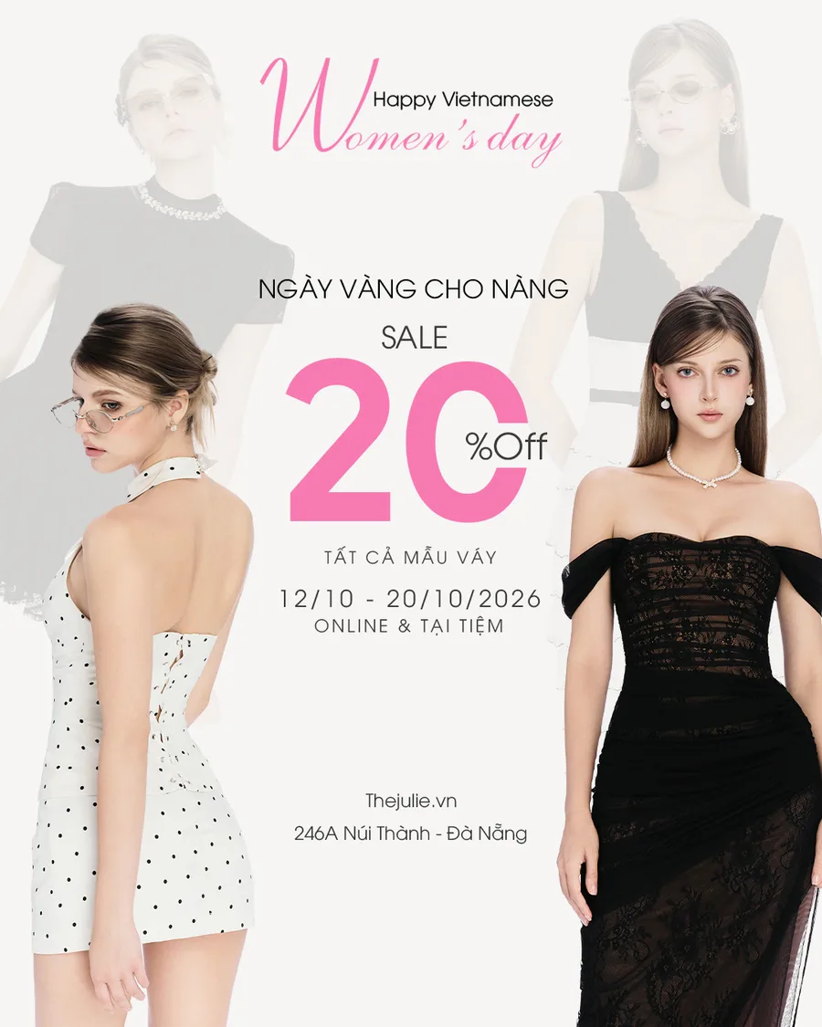 Ngày vàng cho nàng: giảm 20% tất cả mẫu váy, 12/10–20/10/2026, online và tại tiệm 246A Núi Thành, Đà Nẵng