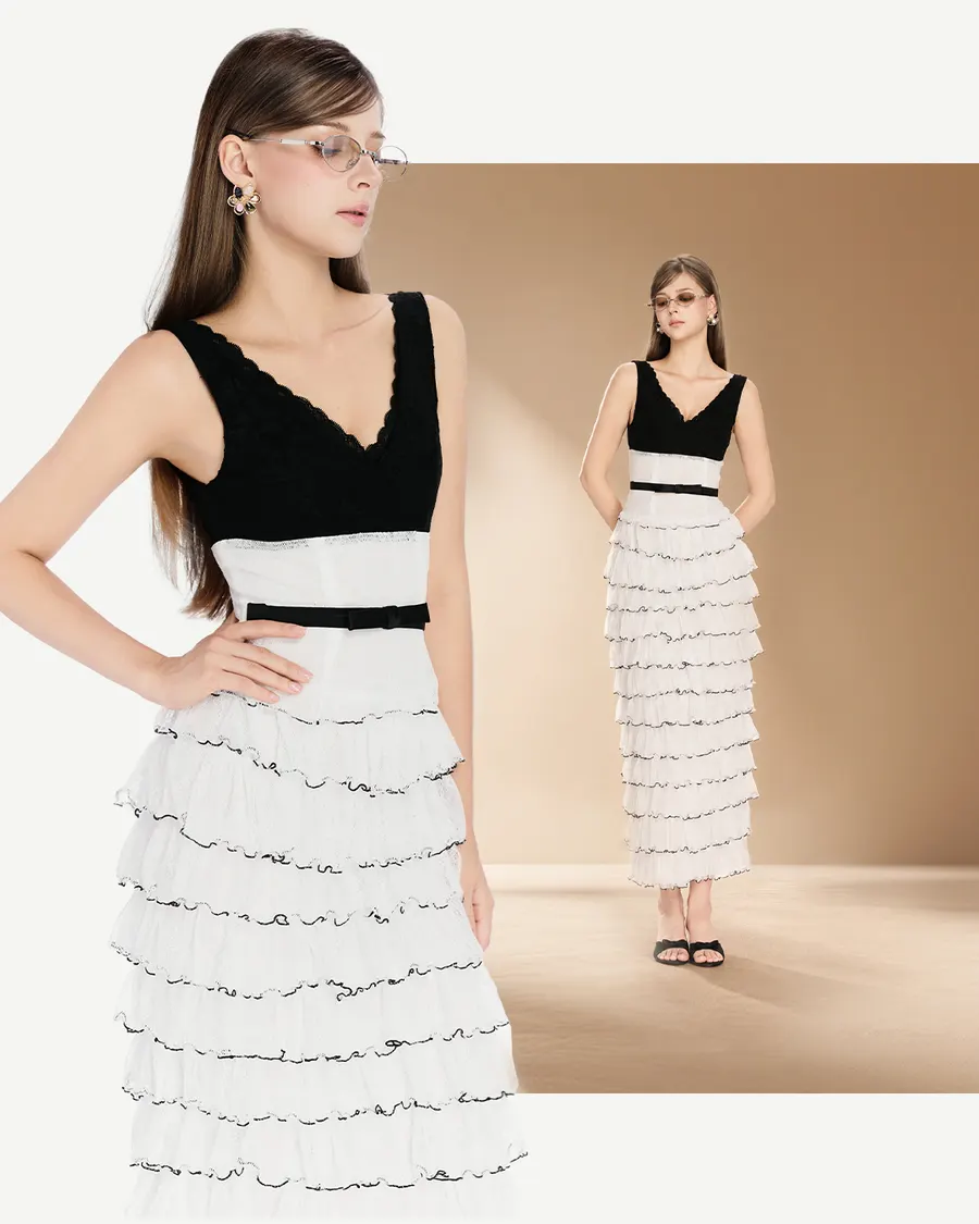 Đầm maxi đen trắng bèo tầng — ảnh thật tại The Julie